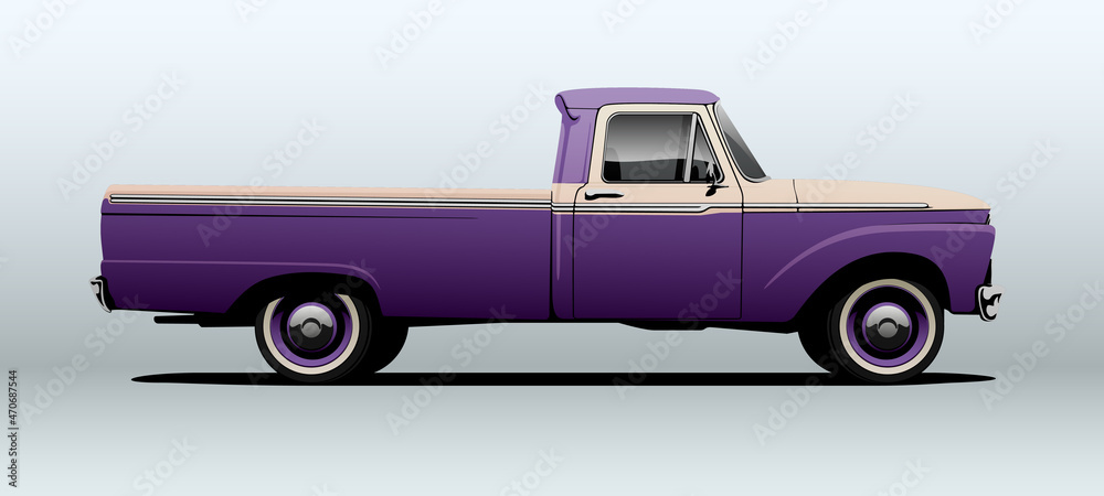 Pickup truck in side view with perspective. Very high quality vector. - obrazy, fototapety, plakaty 