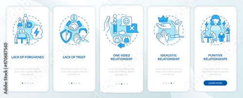 Abusive relationships types onboarding mobile app page screen. Lack of trust walkthrough 5 steps graphic instructions with concepts. UI, UX, GUI vector template with linear color illustrations