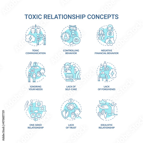 Relationship abuse concept icons set. Manipulative partner. Forgiveness and trust lack. Hostile communication idea thin line color illustrations. Vector isolated outline drawings. Editable stroke