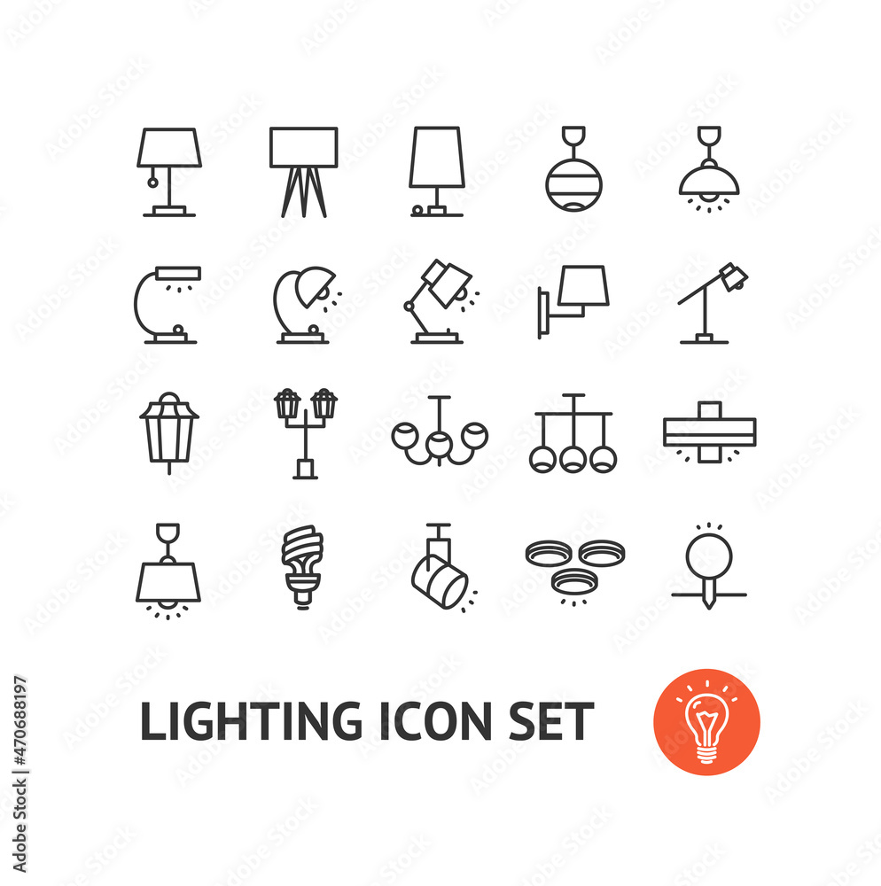 Fototapeta premium Lamp Lighting Sign Black Thin Line Icon Set. Vector