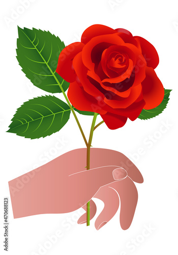 San Valentín, mano regalando una rosa roja. Regalar una flor