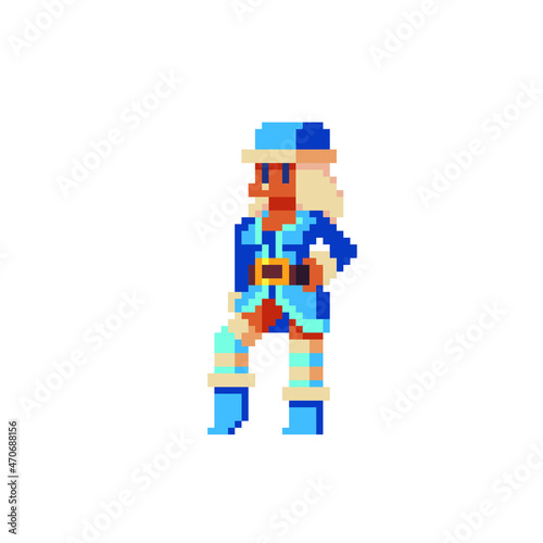 Snow Maiden character. Pixel art. Greeting card or invitation design element. Happy New Year. Sticker design. Isolated vector illustration. 