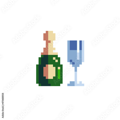 Bottle of champagne and a glass. Web site icon. Video game sprite. Pixel art style. Isolated vector illustration.