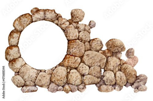 Stone portal isolated on a white background. Rocky framing of the archway. Stone ruins. Round stone frame painted in watercolor.