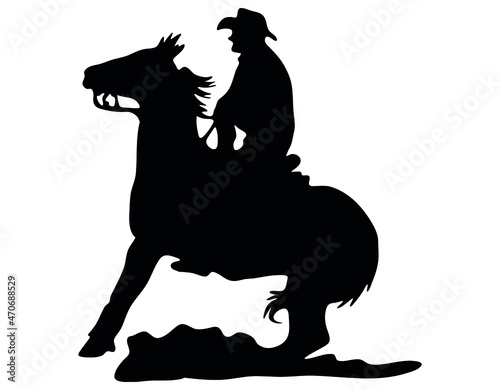 Black and white vector flat illustration: Sliding stop, reining western horse and rider silhouette