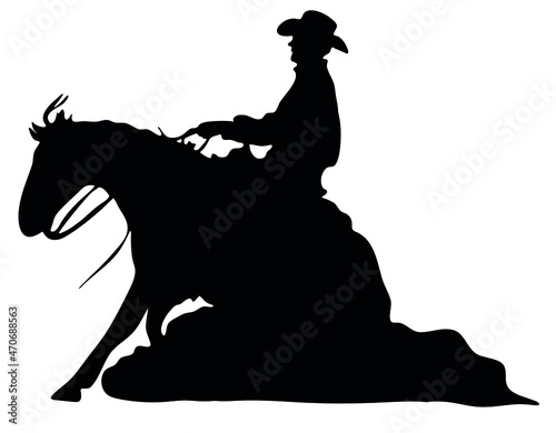 Black and white vector flat illustration: Sliding stop, reining western horse and rider silhouette