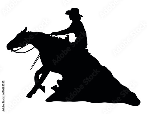 Black and white vector flat illustration: Sliding stop, reining western horse and rider silhouette photo