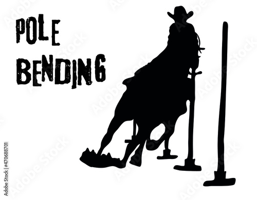 Black and white vector flat illustration: Pole bending western horse and rider silhouette