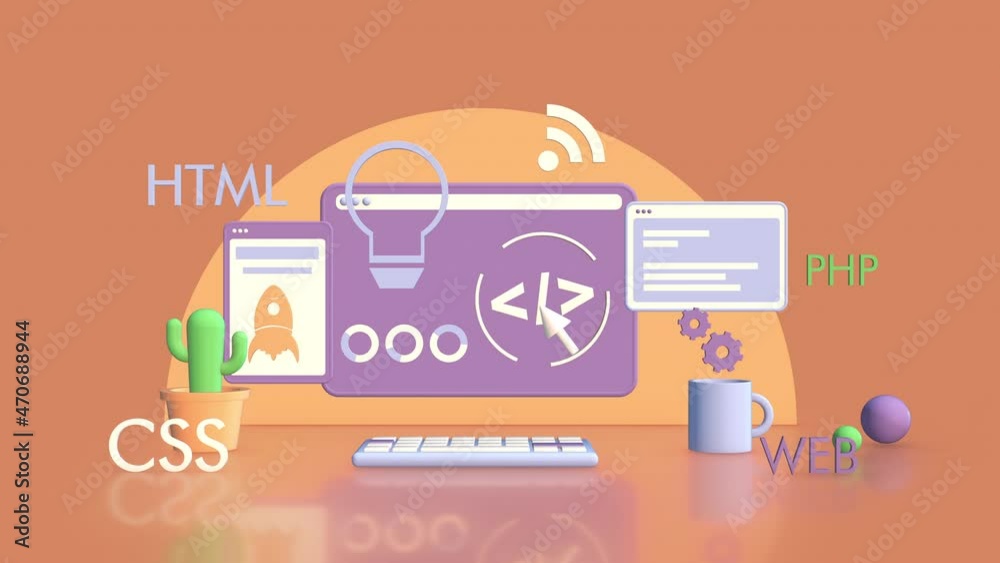 desktop computer with keywords and symbols about web development, pastel colours (3d render)