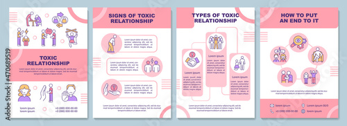 Toxic relationships brochure template. Abusive partner signs. Flyer, booklet, leaflet print, cover design with linear icons. Vector layouts for presentation, annual reports, advertisement pages