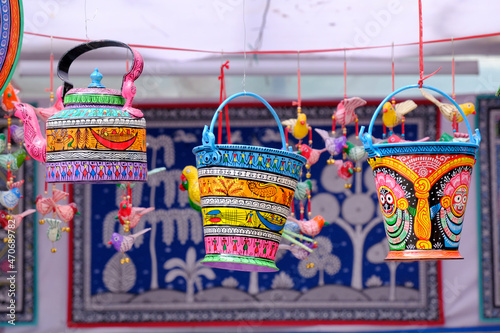 Indian Hand crafts for sale in home decoration, Handmade and Hand-Painted Bucket, Home Decor. photo