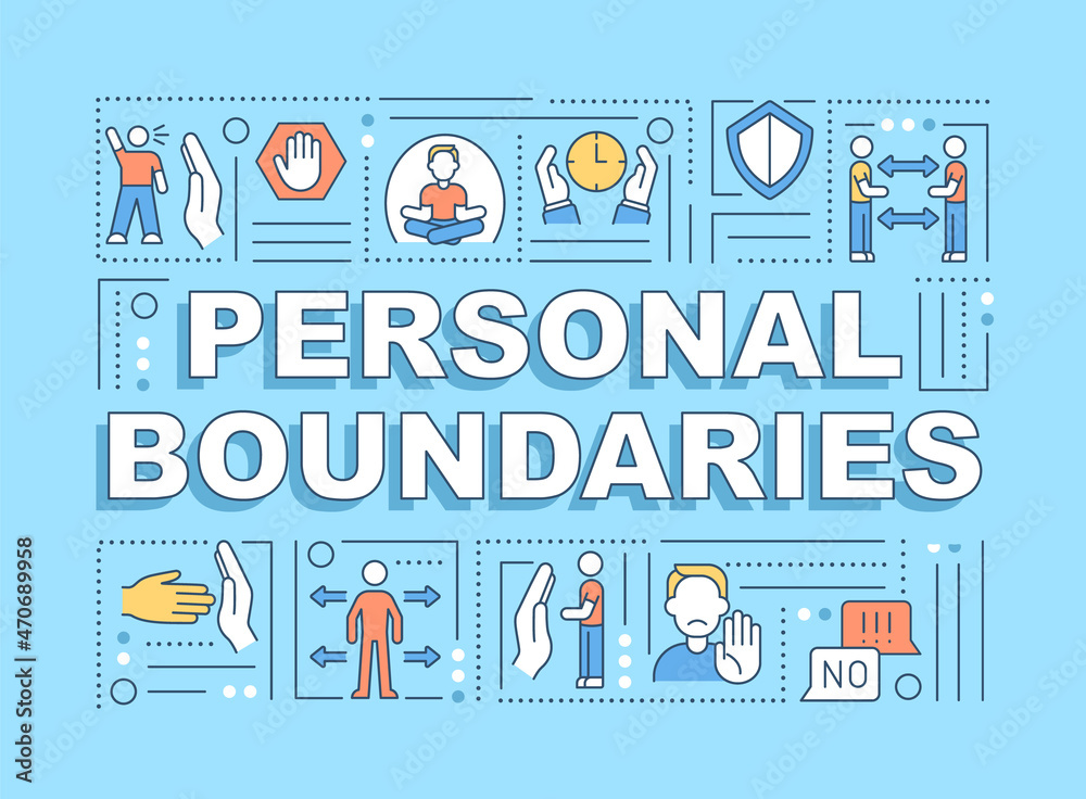 Fototapeta premium Personal boundaries word concepts banner. Set relationships rules. Infographics with linear icons on blue background. Isolated creative typography. Vector outline color illustration with text