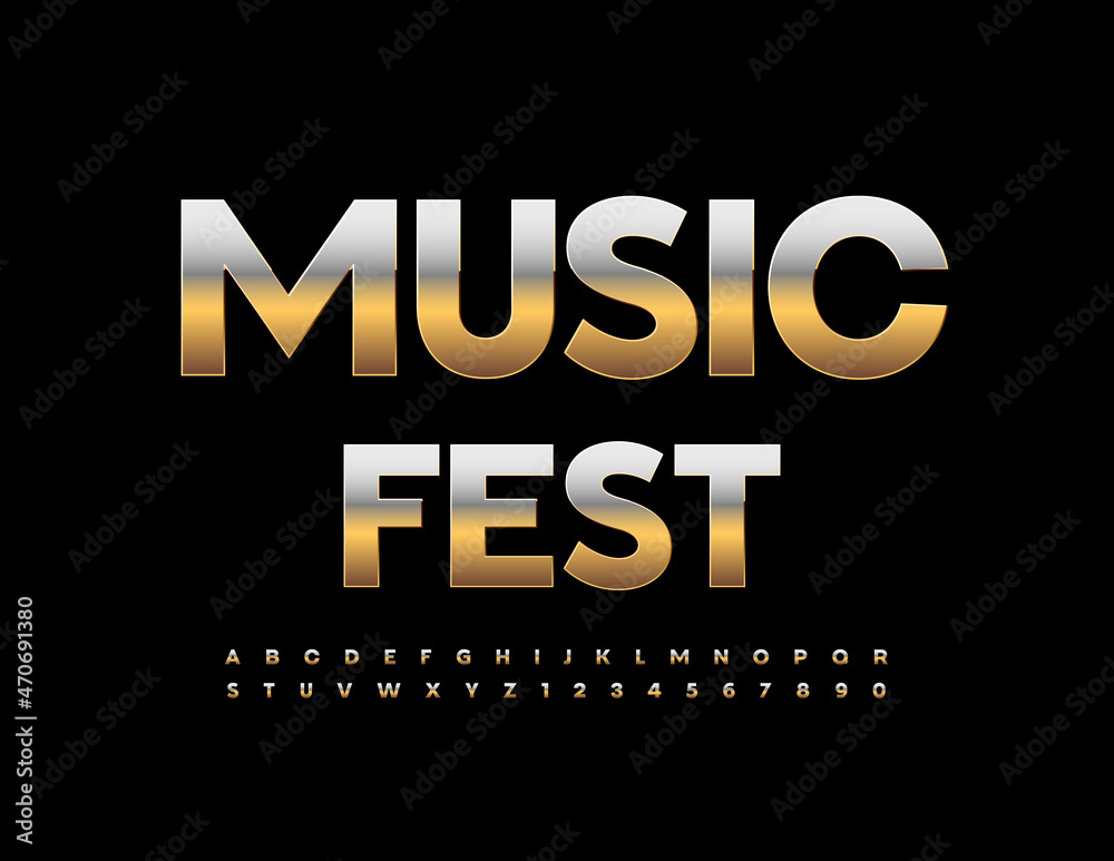 Vector event poster Music Fest. Metallic Gold Font. Elegant style Alphabet Letters and Numbers set