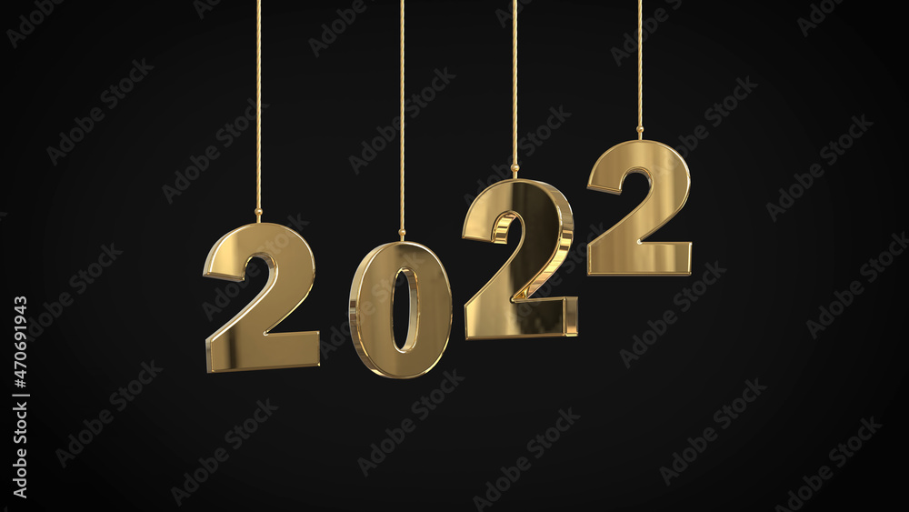 happy shiny 2022 new year golden numbers hanging on strings isolated on black - copy space - 3D illustration happy shiny 2022 new year golden numbers hanging on strings isolated on black - copy space - 3D illustration