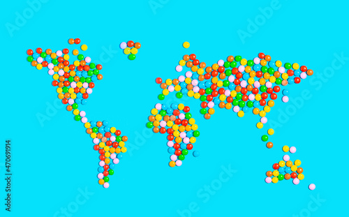 Map of the world made of candy. Abstract creative idea.Asia, Africa, North America, South America, Antarctica, Europe, and Australia.