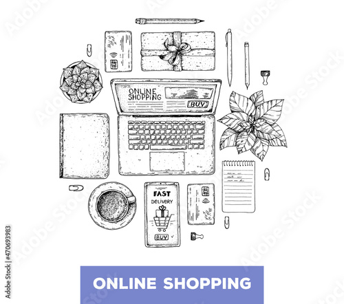 Online shopping concept. Hand drawn vector illustration. E-commerce vintage design template. Hand drawn sketch with laptop computer, credit card, smartphone, pen and notebook. Top view.