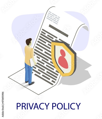 Businessman reading contract, flat vector isometric illustration. Privacy policy. Agreement checking and signing process