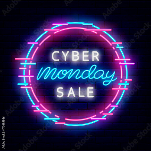 Cyber monday sale neon text in glitch circle. Template for on sale. Editable stroke. Isolated vector illustration