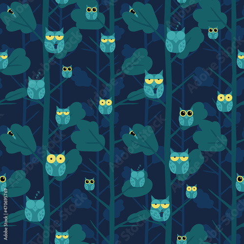Vector navy blue sleepy owls in the forest seamless pattern. Ideal for night owls and coffee lovers. Perfect for fabric, wallpaper and stationery. Surface pattern design.