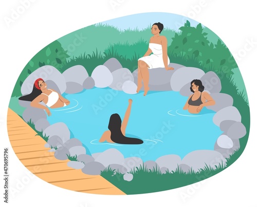 People enjoying outdoor thermal spa water pool, flat vector illustration. Onsen, japanese natural hot springs resort. © Siberian Art