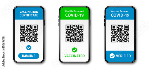 Covid-19 vaccination passport, health passport or vaccination certificate. Digital vaccination certificate of Covid-19 disease. Vaccination passport with QR code