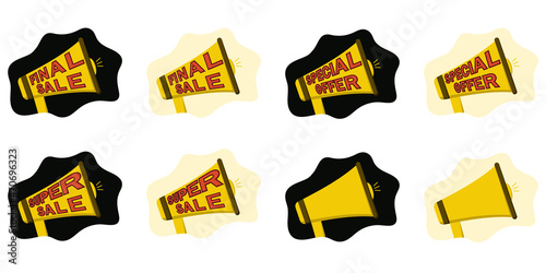 a set with a picture of a loudspeaker announcing promotions, upcoming discounts, special offers. Variants of the image on a light and dark background. Stickers are isolated on a white background. photo