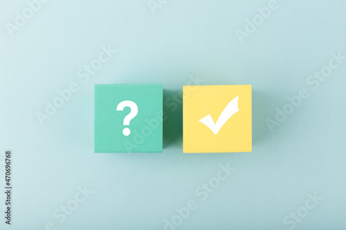 Concept of searching for solution or ideas, doubts, uncertainty and final good result. Question sign and checkmark