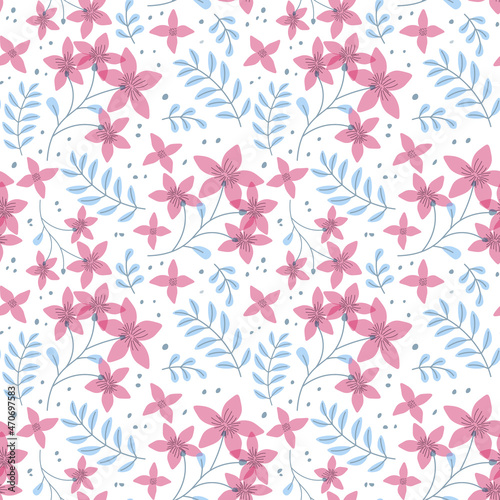 Red flower and leaves pattern background. © Threecorint