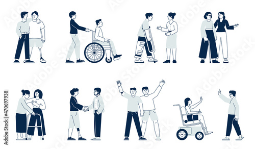 Friends. people, diverse relationships. Boy and girl, student in wheelchair. Active handicap person recent vector characters