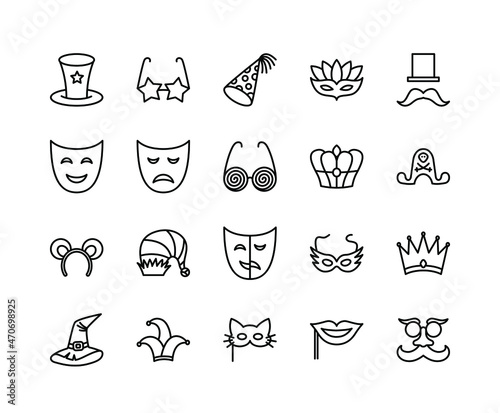 Carnival masks flat line icons set. Masks with feathers, Masquerade party mask, Rabbit Ears, Smiling Lips, Princess Crown. Simple flat vector illustration for web site or mobile app