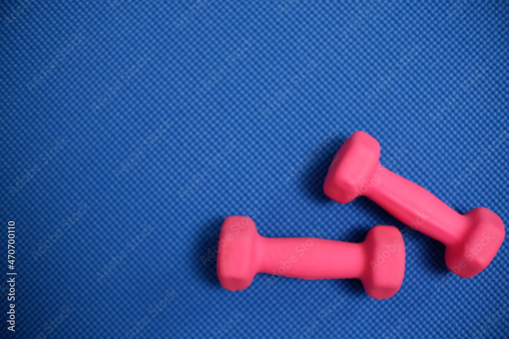 Pink dumbbell on blue yoga mat, exercise and wellness concept Pink dumbbell on blue yoga mat, exercise and wellness concept