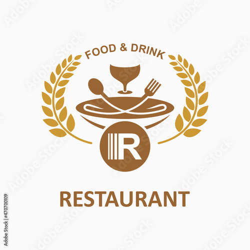 Inspiring restaurant vector logo. Abstract creative logotype. rice or wheat icon  glass  plate  spoon and fork. Classic  vintage and modern logo illustration. Business company logo template.