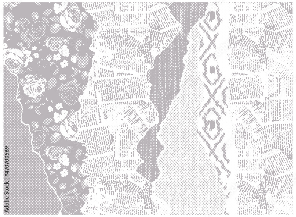 Artistic boho chic, roses floral, ethnic, newspaper collages digital print or jacquard pattern halftone effect design pastel beige coloured 