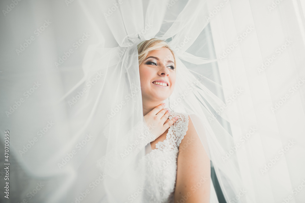 Portrait of beautiful bride with fashion veil at wedding morning