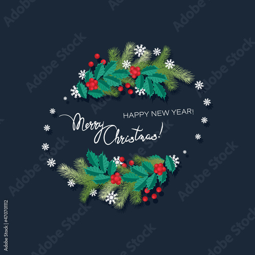 Holly branches. Christmas oval garland. Winter festive frame, decorative border. Holly berries, branches and snowflakes with congratulations on dark background. Christmas template. Vector illustration