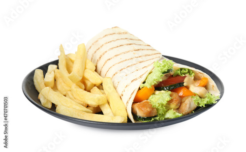 Plate with delicious chicken shawarma and French fries isolated on white