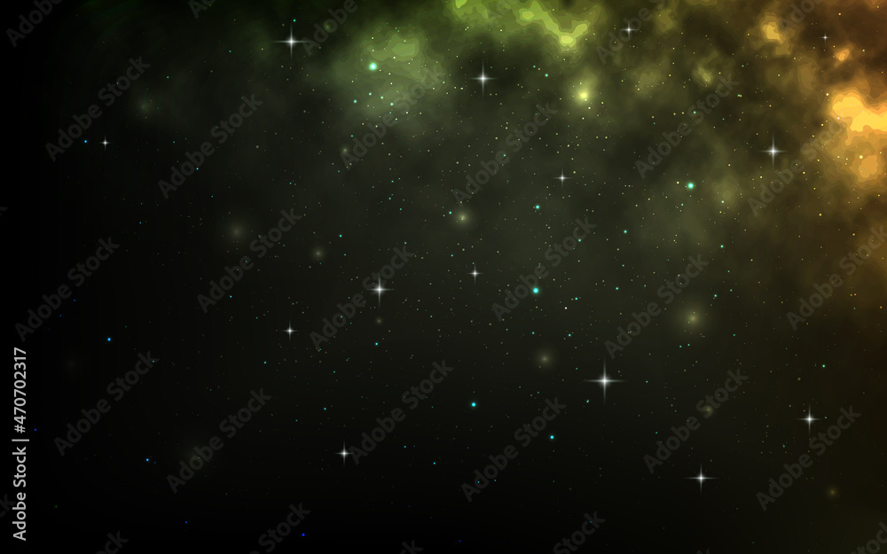 Cosmic night sky. Color universe with bright nebula. Starry wallpaper for poster or banner. Realistic cosmos with shining stars. Bright glowing constellations. Vector illustration