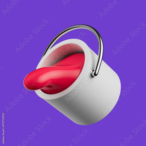 Simple paint bucket tool with red spill paint 3d render illustration.