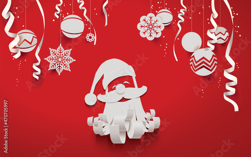 Happy New Year greeting card with white paper cut Santa Claus and Christmas decoration and confetti isolated on a red background