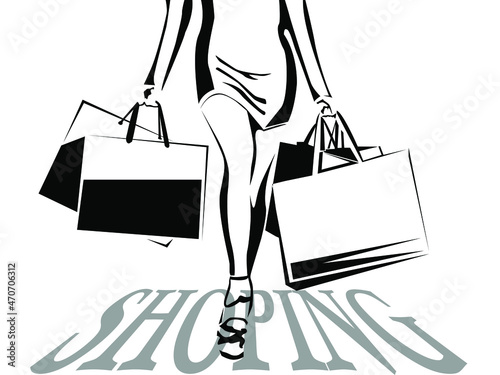 black and white vector illustration of a walking woman silhouette with shopping for banners, advertising posters and flyers decoration