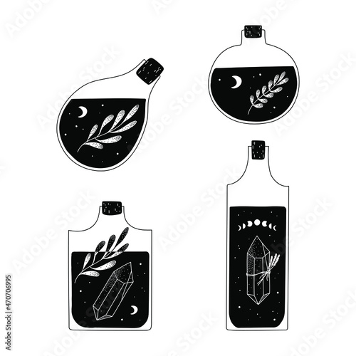 Set of hand drawn illustrations of magic potions. Bottles with crystals, leaves, moon and stars. Cute concept drawings for decorations, stickers, cards. Vector isolated on white.