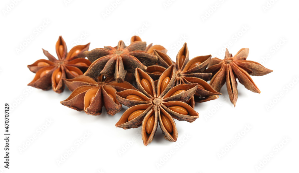 Dry anise stars with seeds on white background Dry anise stars with seeds on white background