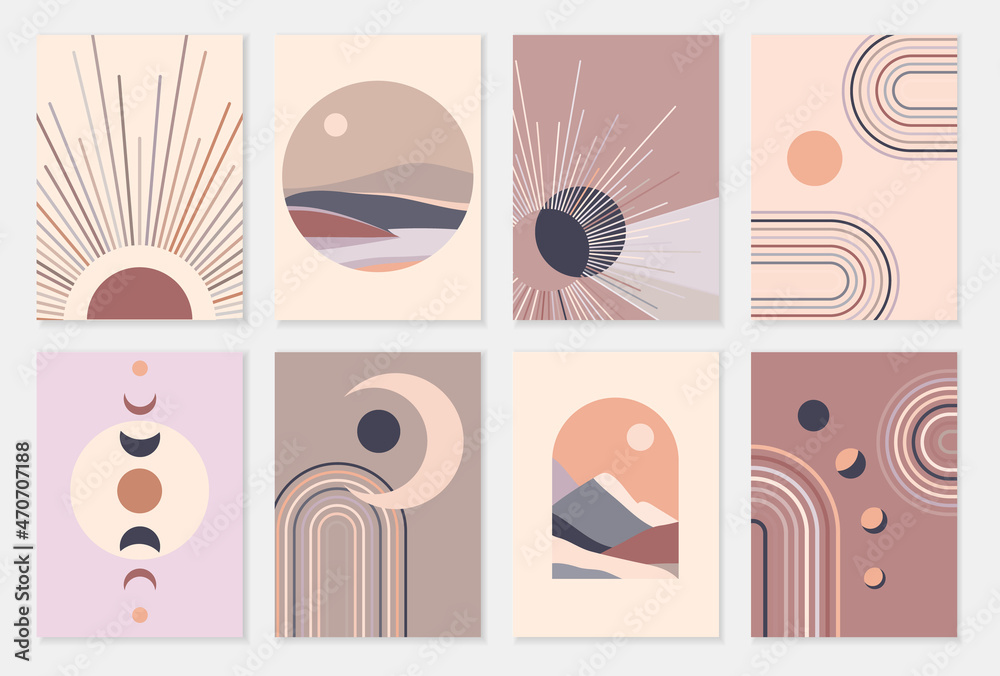 Ταπετσαρία Set of abstract contemporary posters with sun moon and landscape in boho style