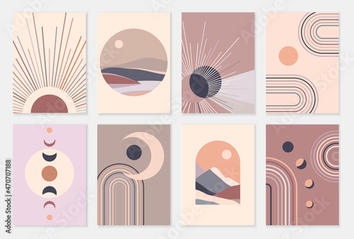 Set of abstract contemporary posters with sun moon and landscape in boho style. Mid century minimalist background for home decoration, wall decor or covers. Vector photo