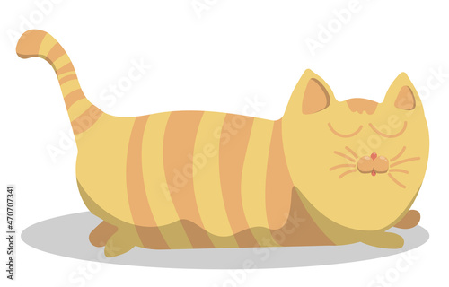 fat ginger cat is lying and quite basking in sun. Tabby ginger cat on vacation. Childrens vector illustration