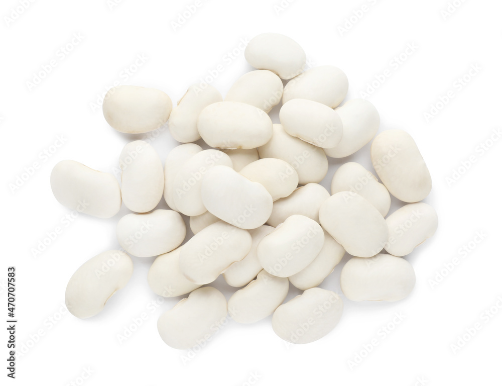 Pile of uncooked navy beans on white background, top view Pile of uncooked navy beans on white background, top view