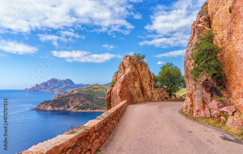 Landscape with mountain road in Calanques de Piana, Corsica island, France Fototapeta