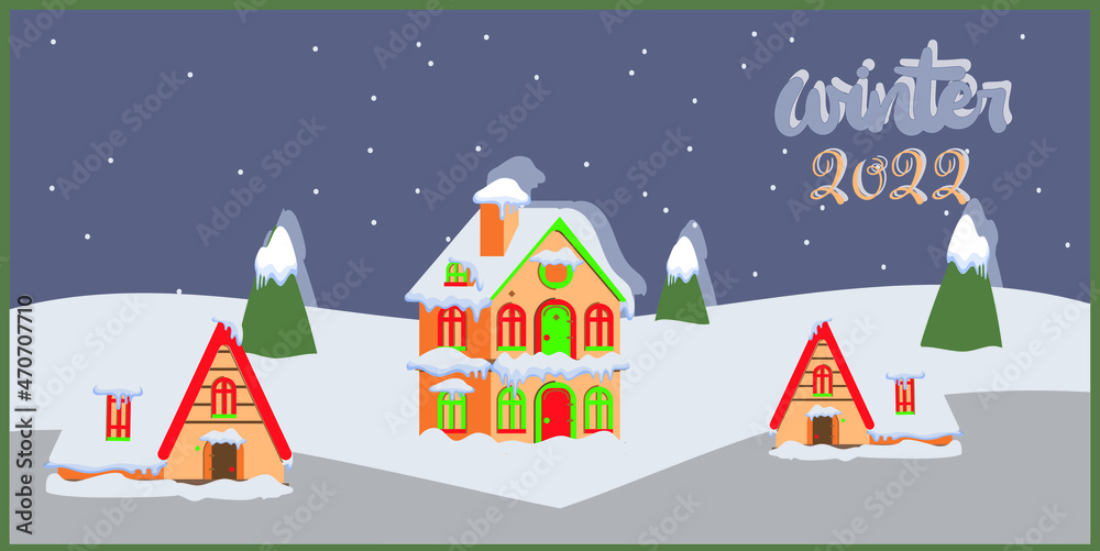 Happy New Year and Merry Christmas 2022! Holiday greeting card. Winter houses and Christmas trees.