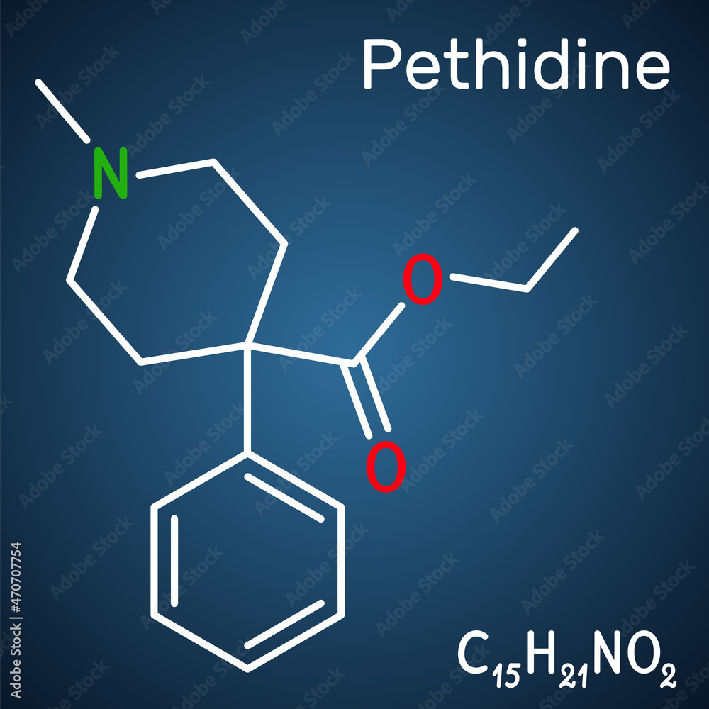 Pethidine, meperidin molecule. It is opioid agonist with analgesic and sedative properties used to manage moderate-to-severe pain. Structural chemical formula on the dark blue background Pethidine, meperidin molecule. It is opioid agonist with analgesic and sedative properties used to manage moderate-to-severe pain. Structural chemical formula on the dark blue background