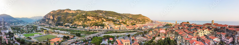 Aerial drone view of Ventimiglia, Liguria, Italy. Beautiful panoramic aerial view from a flying drone of the attractions of the old upper Ventimiglia and the new city